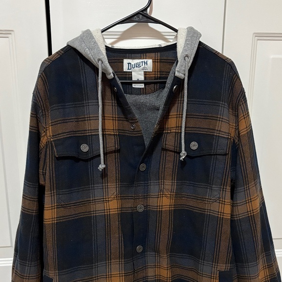 Duluth Trading Co Other - Duluth Trading Co Navy & Brown Plaid Hooded Flannel Shirt Jacket